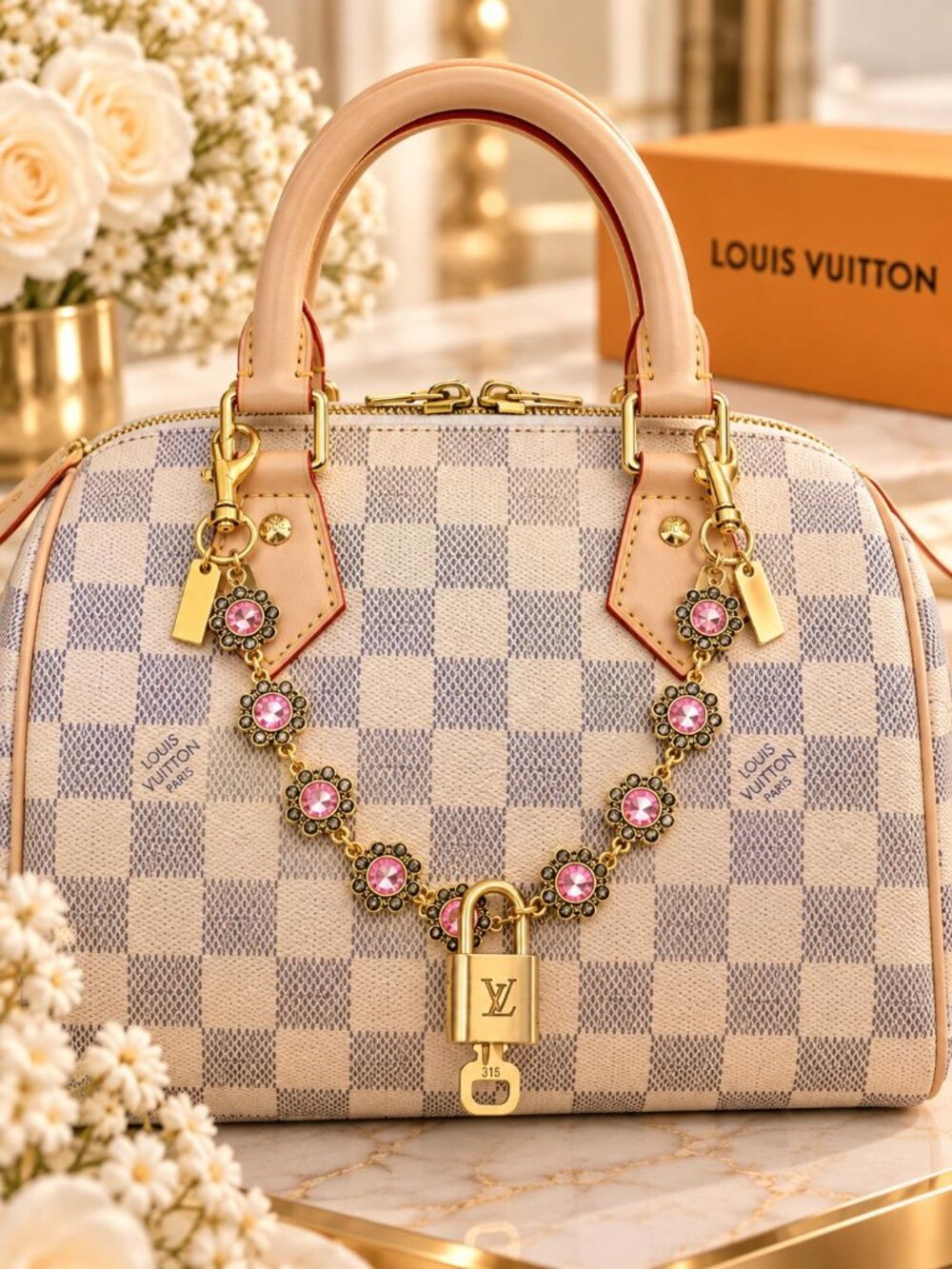 Authentic Louis Vuitton Gold Padlock with Unbranded Decorative Bag Chain / Charm